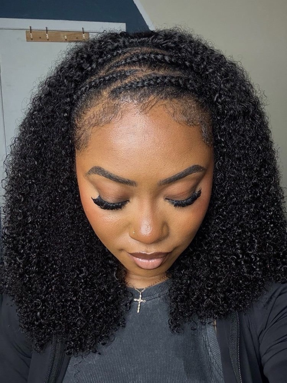 Black Curly Lace Front Wig with Cornrow Parting - Unbranded